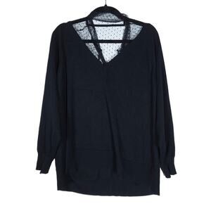 Eloquii Shirt 18 20 Black Polka Dot Mesh V Neck Long Sleeve Elastic Cuff Top